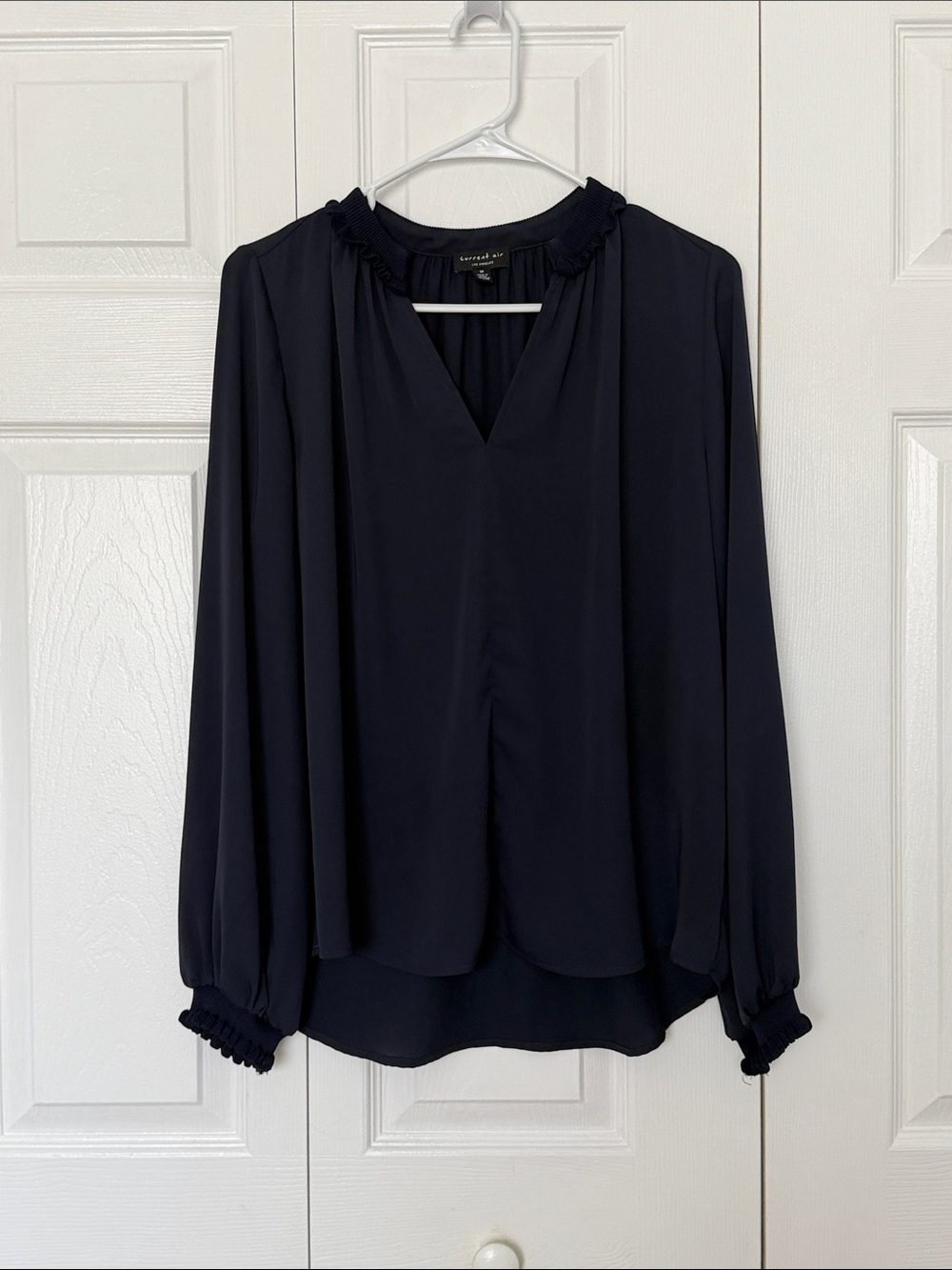 Current Air Navy Ruffle-Trim Long Sleeve Blouse